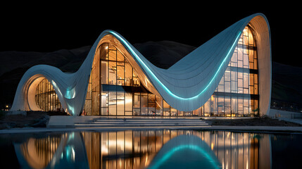 Modern Architecture Building at Night with Reflection.