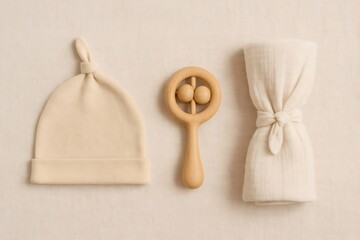 Laying out natural baby essentials including a gentle bonnet, wooden rattle, and soft muslin swaddle on a textured textile
