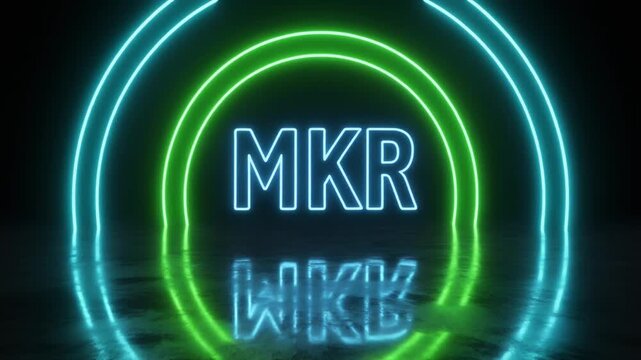 Neon Arches in Cyan and Green with MKR Text and Reflection on Dark Surface letters acronym