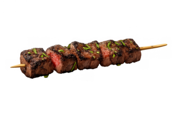 Grilled beef skewer with savory steak bites and green herbs, a delicious protein appetizer, transparent background