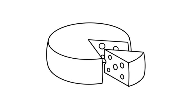 Minimalist black and white line art illustration of a wheel of Swiss cheese with a single triangular slice cut from it.