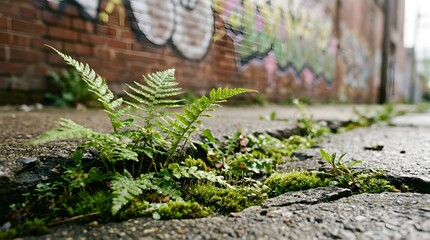 Fototapeta premium A small fern grows through a crack in the pavement in front of a graffiti-covered brick wall