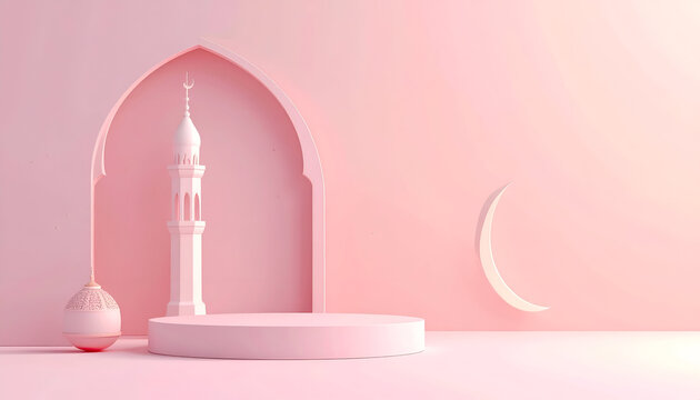 Minimalist Mosque Interior Scene with Archway and Crescent Moon