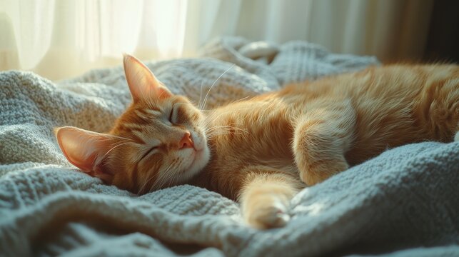 Orange cat sleeping on a blanket in the sunlight. - Powered by Adobe