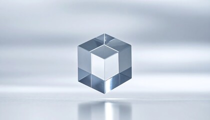 Obraz premium A translucent, geometric cube levitates on a reflective surface