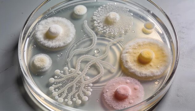 Microbial growth patterns in petri dish culture growth patterns science lab observation growth formations.