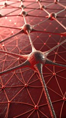 Stylized Neural Network Visualization &ndash; Abstract AI Concept with Interconnected Nodes and Red Background