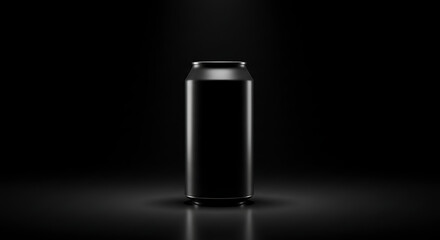 A dark, minimalist beverage can stands alone in the spotlight on a reflective surface, creating a sense of mystery and sophistication