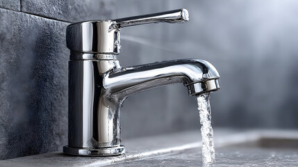 Modern Faucet with Water Flowing Freely.