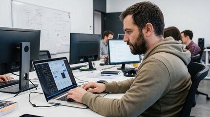 Man, programmer and office with laptop for coding, software development or app design. Male person, coder or developer with computer or technology for cybersecurity, web or IT services at workplace