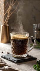 Steaming Black Coffee in Patterned Glass Mug &ndash; Cozy Morning Scene with Slate Coaster and Golden Vase