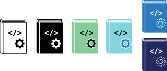 Programming code book and software development icon set vector illustration featuring source code symbols and gear settings for application development, coding education, and IT technology design