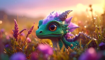 A vibrant green cartoon dragon with purple mane in a field of flowers at sunset.