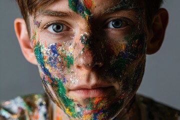 Artistic Expression: A close-up shot of a person with paints smeared across their face, showcasing vibrant colors and a touch of artistic flair. 
