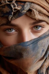 Fototapeta premium Mystical Gaze: Intricate patterns of the fabric create an evocative moment. Capturing the eyes, a captivating portrait. 