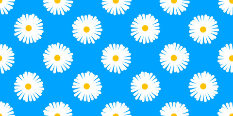 This vibrant pattern showcases white daisies with yellow centers against a bright blue background, creating a cheerful and lively aesthetic perfect for various design applications.