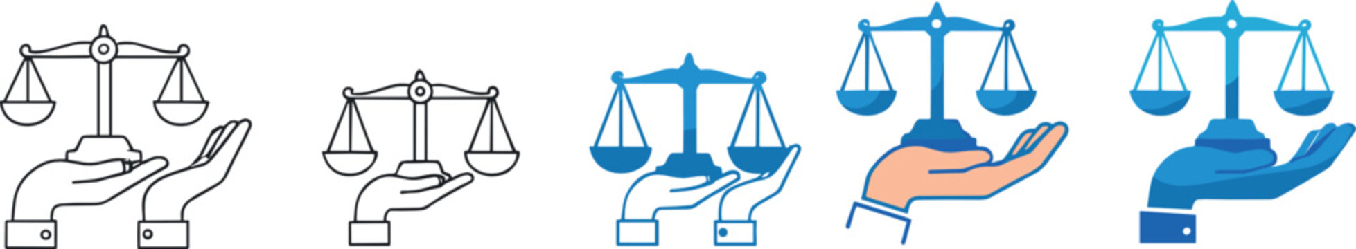 Justice balance scale and law fairness icon set vector illustration showing hands holding scales for legal system, equality, judgment, ethics, and courtroom concept design
