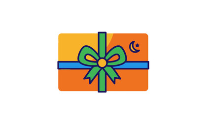 A colorful graphic illustration of a gift card with a green bow on an orange background against a clean white backdrop.
