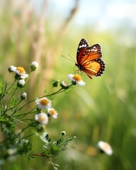 A vibrant orange butterfly perched on delicate white flowers, surrounded by lush green grass, creating a serene and picturesque natural scene.