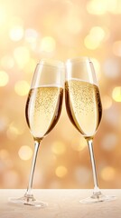 Two champagne flutes clink together, filled with bubbly drink, set against a shimmering golden background, evoking celebration and joy.