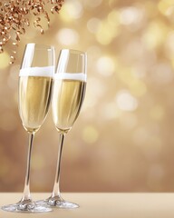 Two elegant champagne flutes filled with bubbly drink, set against a soft golden background, evoking celebration and joy.