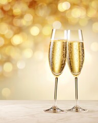 Two elegant champagne flutes filled with bubbly champagne, set against a shimmering golden background, perfect for celebrations.