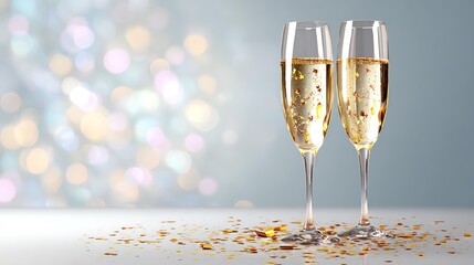 Two elegant champagne flutes filled with sparkling beverage, surrounded by colorful confetti, set against a soft bokeh background.