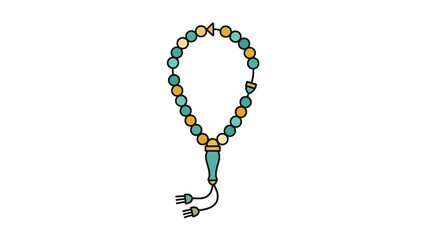 A colorful tasbih prayer beads necklace with a tassel on a white background, showcasing blue, orange, and yellow beads in a loop.