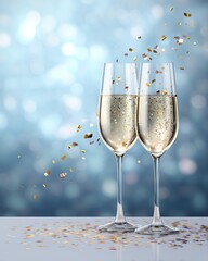 Two champagne flutes filled with sparkling wine, surrounded by colorful confetti against a blurred blue background, evoking a festive atmosphere.