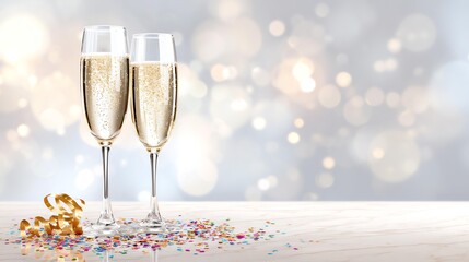 Two elegant champagne flutes filled with bubbly drink, surrounded by colorful confetti and a golden ribbon on a marble surface, set against a blurred festive background.
