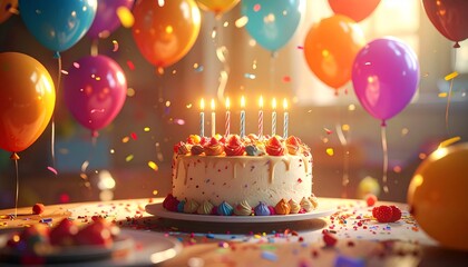 Vibrant Birthday Celebration with Lit Candles on a White Cake, Surrounded by Colorful Balloons and Sparkling Confetti, Creating a Joyful and Festive Atmosphere