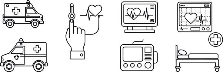 Medical emergency and healthcare equipment line icon set vector illustration featuring ambulance heart monitoring patient bed and vital sign symbols for hospital, clinic, and health service design