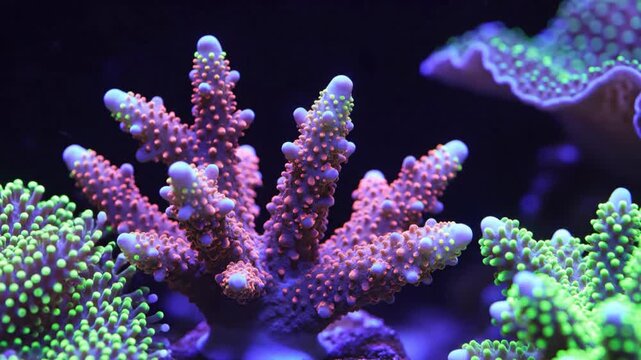 Vibrant fluorescent acropora coral structure glowing brightly in deep saltwater aquarium tank.