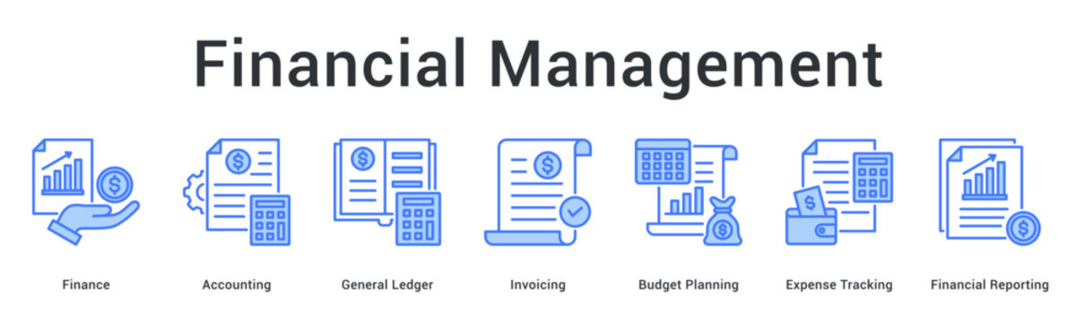 Financial management banner web icon covers accounting ledger invoicing budget planning and expense tracking comprehensively.