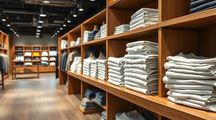 Clothing store interior with neatly folded plain t shirts stacked on wooden retail shelves, blank empty space