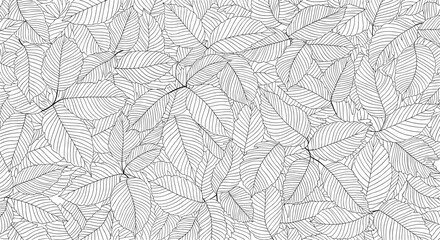 Seamless black and white pattern of overlapping, hand-drawn leaves with intricate line details creating a dense foliage texture.