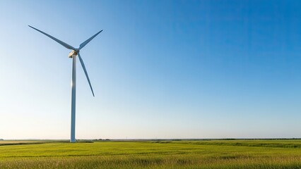 Majestic wind turbine standing in a vast green field under a clear blue sky, symbolizing renewable and clean energy production.