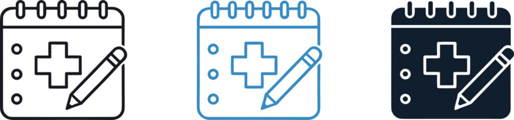 Medical appointment calendar icon set vector illustration featuring healthcare schedule planner with cross symbol and pen for clinic booking, patient management, and health service design