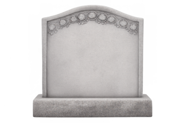 Gravestone standing on a transparent background, blank tombstone with decorative carving, memorial block for inscription