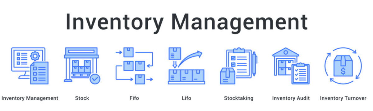Inventory management banner web icon showing stock control methods including FIFO, LIFO, and audit processes.
