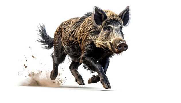Dynamic Wild Boar Charging Forward, Kicking Up Dust on White Background