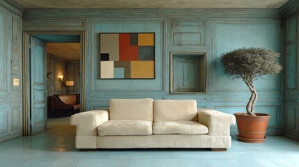 Modern Living Room with Sofa and Potted Plant.