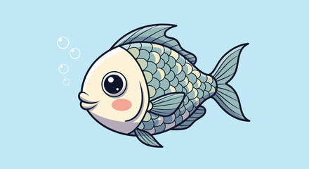 Cute cartoon illustration of a happy, blushing fish with blue-green scales swimming in the water with bubbles floating nearby.