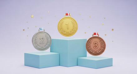 Gold, silver, and bronze medals above pastel blue podium, symbolizing achievement, victory, and success in competition or award ceremony