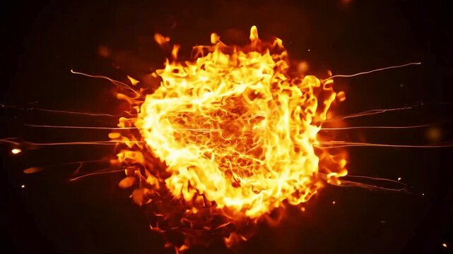 Radial fireball explosion with light streaks and shockwave. Abstract burning energy sphere bursting outward in a dark void.