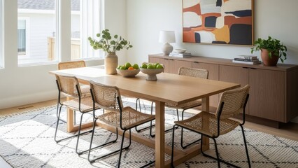 Obraz premium Stylish modern dining room interior with a wooden table, woven chairs, and contemporary decor, filled with natural light, creating a cozy atmosphere.