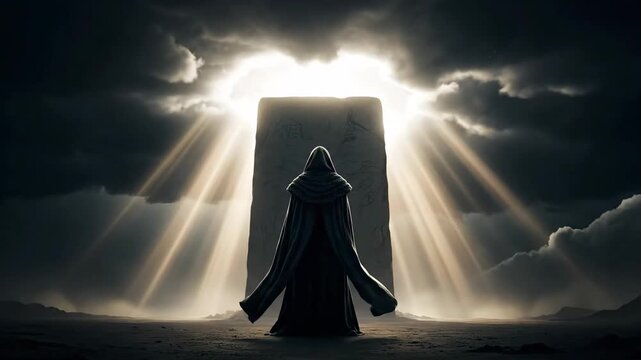 Mysterious figure in a long cloak standing before a radiant doorway.
