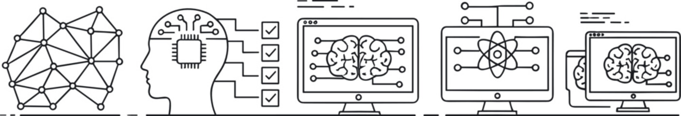 Artificial intelligence and machine learning concept line illustration showing neural network, human brain, data processing, and AI system workflow for modern technology design