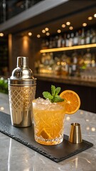 Orange Cocktail with Mint and Crushed Ice &ndash; Stylish Bar Setup with Shaker and Jigger