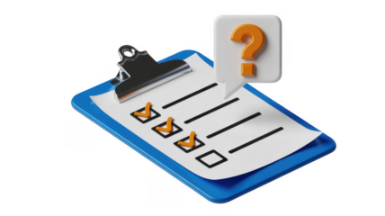 3D clipboard with checklist and question mark survey isolated on a transparent background